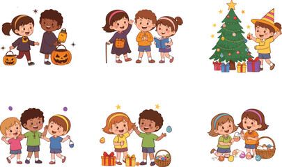 Happy children celebrating different holidays and festivals together, including Halloween, Christmas, Easter, and singing, gift-giving, festive joy, kids fun
