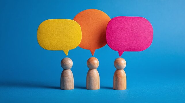 Representing opinions, these wooden figures each hold up a colorful speech bubble, symbolizing communication and expressing individual ideas.