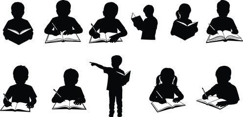 Silhouettes of children reading books, writing in notebooks, learning, studying, education, school activities, kids with books, creative learning.