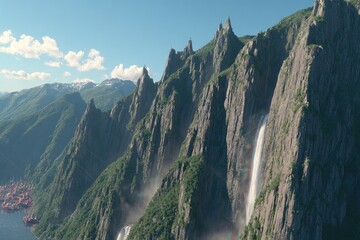 Aerial view of rugged mountains, waterfalls, and coastal town