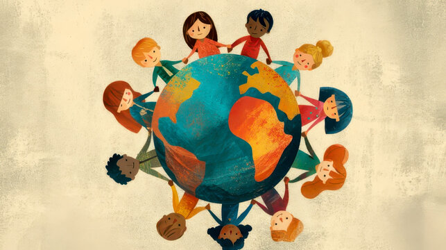 Children holding hands around the world promoting global unity and peace