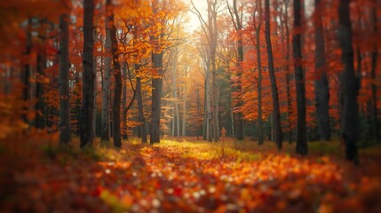 Fototapeta premium Autumn Forest Clearing with Golden Light, dreamy woodland scene