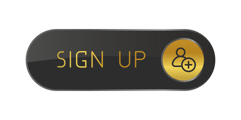 Golden and black CTA button with text: Sign up, user, UI design.
