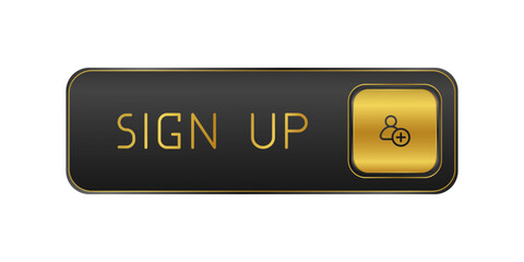Golden and black CTA button with text: Sign up, user, UI design.