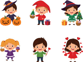 Happy kids celebrating holidays with Halloween pumpkins, Christmas trees, gifts, Valentine's hearts, festive joy, costumes, and seasonal decorations vector illustration