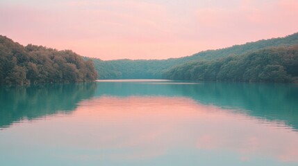 Fototapeta premium Serene lake with a pink and purple sky in the background.