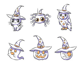 Set of cute halloween characters wear witch hat illustration . Hand drawn icon . Vector .