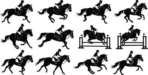 Silhouettes of horse riding, equestrian sports, show jumping, galloping horse, horseback rider, equine motion, competition, rider training, horse jump event