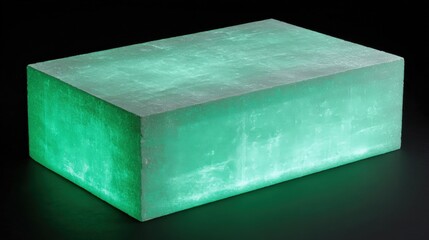 A translucent rectangular block emitting a soft, ethereal green glow, set against a dark, minimalist background