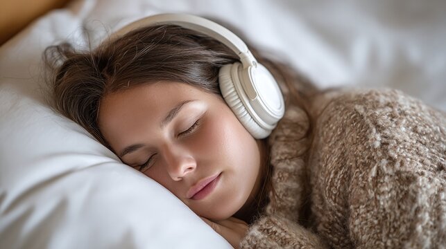 Girl napping peacefully with headphones on a pillow. Cozy scene with soft light, wearing a knitted sweater. Enjoying rest and relaxation.