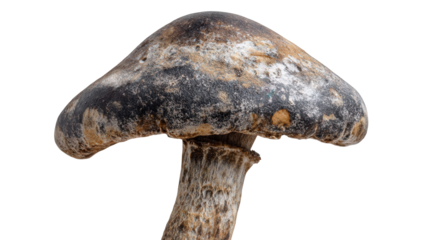 Closeup of a Dark Brown and Gray Mushroom Against a Black Background