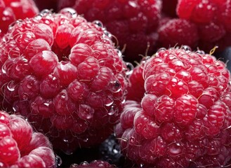 Macro Close-Up of Fresh Raspberries with Dew Drops