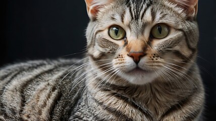 Closeup portrait of a cute tabby cat with green eyes, looking directly at the camera with a curious expression, set against a dark background in studio shot