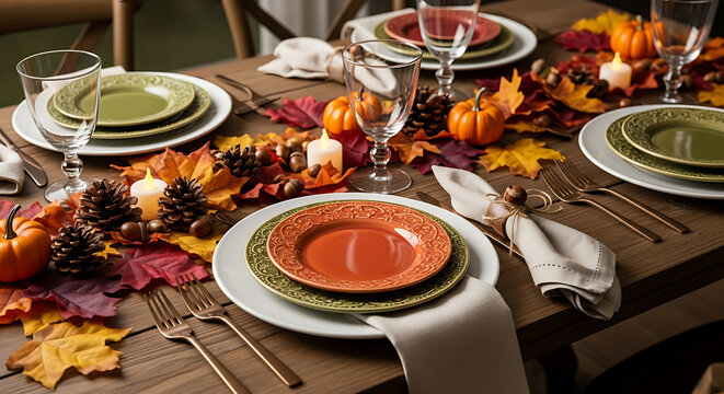 A thanksgiving table setting with pumpkins leaves and candles on a wooden table surface decor ai generated