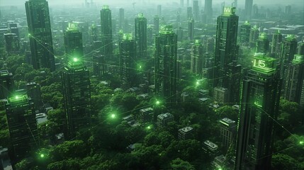 Futuristic cityscape with green glow