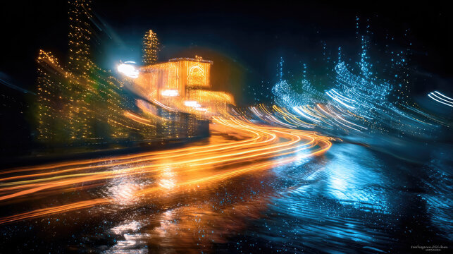 Digital transformation strategies modernizing business concept. Vibrant night scene with blurred traffic lights and raindrops.