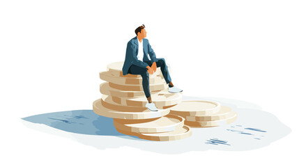 a man sitting on a stack of gold coins, flat design vector illustration