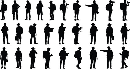 Silhouettes of male tourists with backpacks, maps, cameras, and phones exploring, navigating, and traveling in outdoor adventure and hiking scenes.