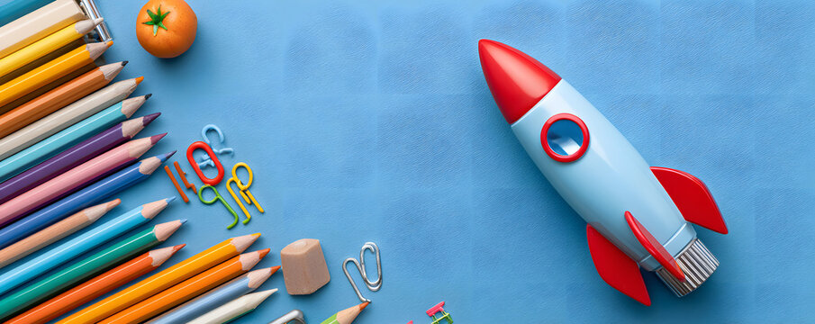 Back to school theme with a rocket with school supples