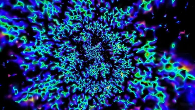 Abstract video of fractal tiny particles floating in space, futuristic visual background for nightclub, techno, drum & bass, and electronic music events.