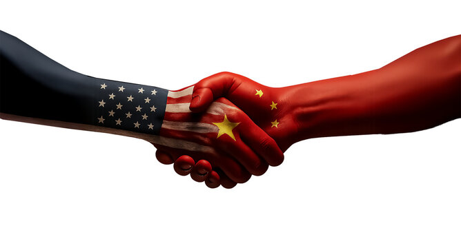 Symbolic handshake between two painted hands representing the flags of the USA and China, illustrating diplomacy, trade relations, or geopolitical partnerships.