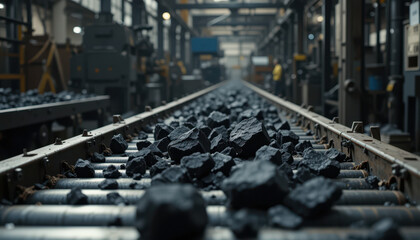Obraz premium Industrial coal processing action at manufacturing facility material handling environment close-up viewpoint
