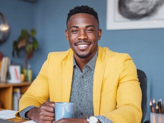A man in a yellow blazer sits confidently at his desk, holding a coffee mug. His bright office features blue walls and decorative items, creating an inviting atmosphere for productivity.
