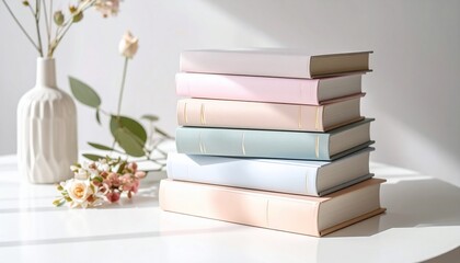 Pastel Books Stacked on White Table with Flowers