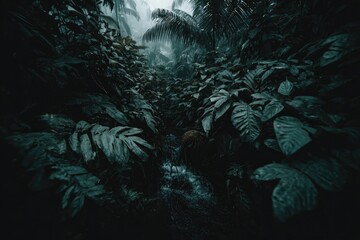 Lush, dark jungle foliage, misty stream