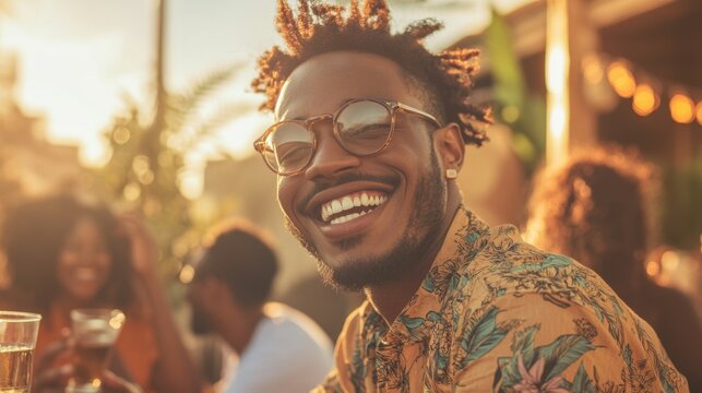 Man with arms around friends on a terrace in a group scene.