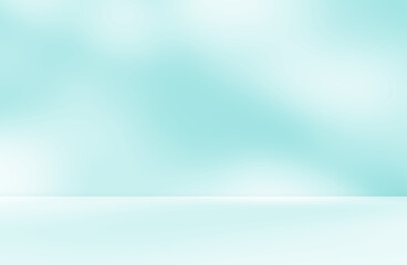 Empty turquoise blue green room studio with shadow of leaves for product presentation. Sunlight effect shadow. Minimal winter backdrop. Cosmetic, beauty and fashion showroom.