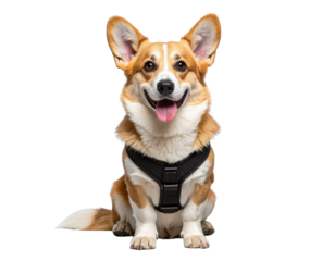  Front View of Happy Corgi Sitting with Black Harness, Isolated PNG