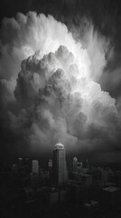 Majestic storm clouds loom over the city skyline as the sun sets behind the horizon casting dramatic shadows and light