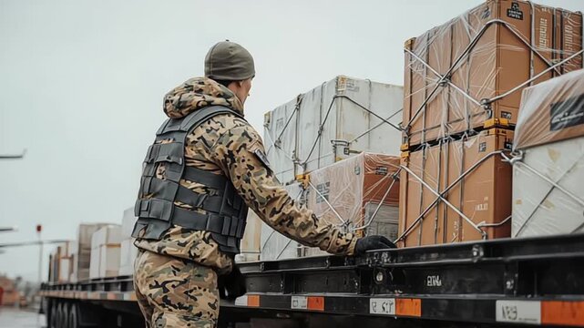 Soldier securing cargo on flatbed trailer preparing for transport in outdoor setting