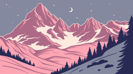 Pink mountain range landscape vector illustration with trees and night sky for graphic design projects