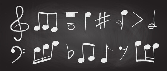 Crayon pastel or chalk music note signs doodle hand drawn symbol shapes set. Chalkboard textured musical symbols treble, bass clefs, pauses doodle collection.