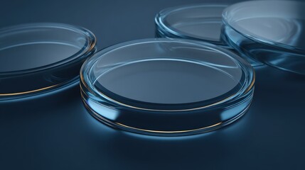Closeup of multiple clear glass petri dishes arranged on a dark blue surface with a subtle blue glow