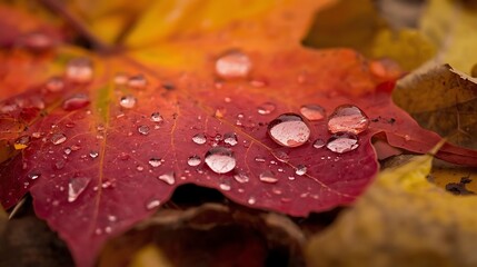 Macro Close-up of Fallen Maple Leaf with Water Droplets, autumn nature detail