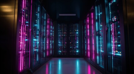 Futuristic server room with glowing neon blue and pink lights, representing data center technology and digital infrastructure