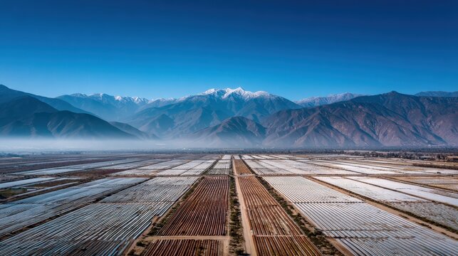 Aerial view of agricultural fields with snowcapped mountains in the background under a clear blue sky, highlighting rural landscape - Powered by Adobe