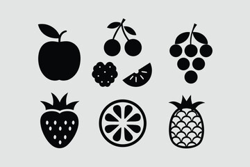 Black fruit icons set featuring diverse silhouettes of various fruits.
