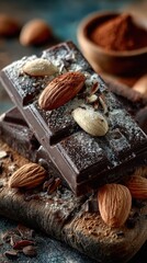 Fototapeta premium Indulge in rich dark chocolate topped with nuts and cocoa powder on a rustic wooden board