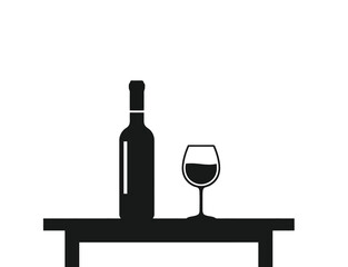 Silhouette of a wine bottle and glass on a table with checkered background