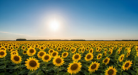 Obraz premium Bright and Colorful Sunflower Field Landscape Under the Clear Blue Sky