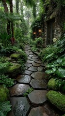 Tranquil garden pathway leads to a hidden stone cottage surrounded by lush greenery and vibrant foliage on a misty morning