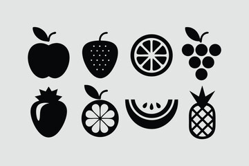 Black fruit icons set featuring diverse silhouettes of various fruits.