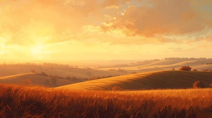 Fototapeta premium Golden Autumn Sky Over Countryside Fields, dreamy warm atmosphere