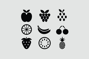 Black fruit icons set featuring diverse silhouettes of various fruits.