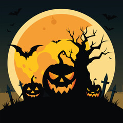 Halloween Night Vector Illustration with Pumpkins, Bats, and Full Moon,Spooky halloween night scene with jack,pumpkins bats flying and a full moon,Halloween night illustration, Glowing pumpkins bats,