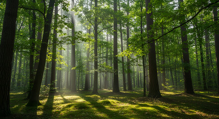 Obraz premium Serene Sunlight Filtering Through Tall Trees in a Lush Green Forest